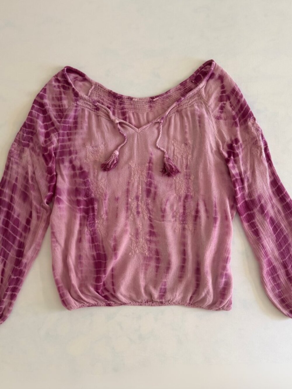 Hippie Laundry Boho Pink Embroidered Tie Dye Flowy Balloon Sleeve Blouse